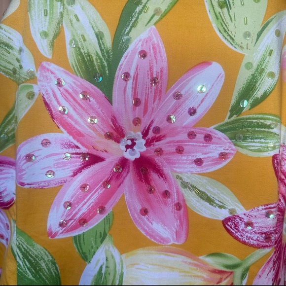 R&K Originals‎ Dress Women's 16W Sleeveless Yellow Pink Floral Tropical Cotton - Picture 4 of 9